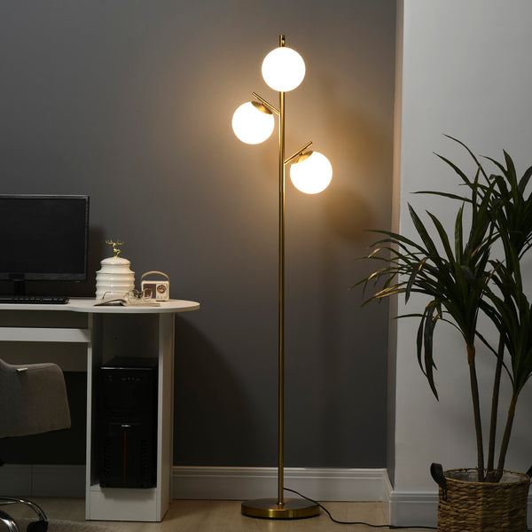 English Elm HOMCOM Gold 3-Light Modern Tree Floor Lamp with Globe Shades, Steel Base, Foot Switch, 66.5" H, E26 W2225P173948