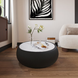 English Elm Light Marble Top Drum-Shaped Coffee Table With Black Leather Base – Modern Living Room Accent Piece W3081P367627