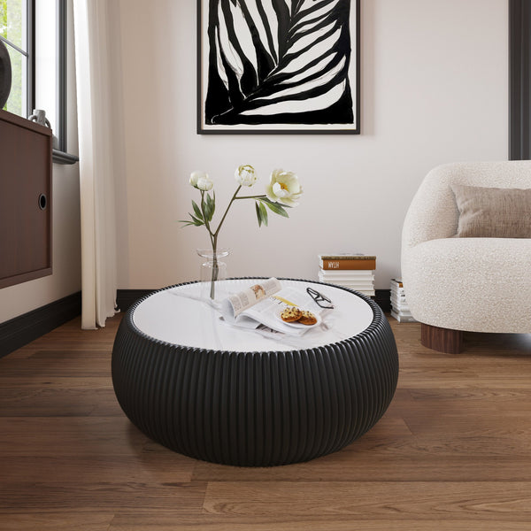 English Elm Light Marble Top Drum-Shaped Coffee Table With Black Leather Base – Modern Living Room Accent Piece W3081P367627