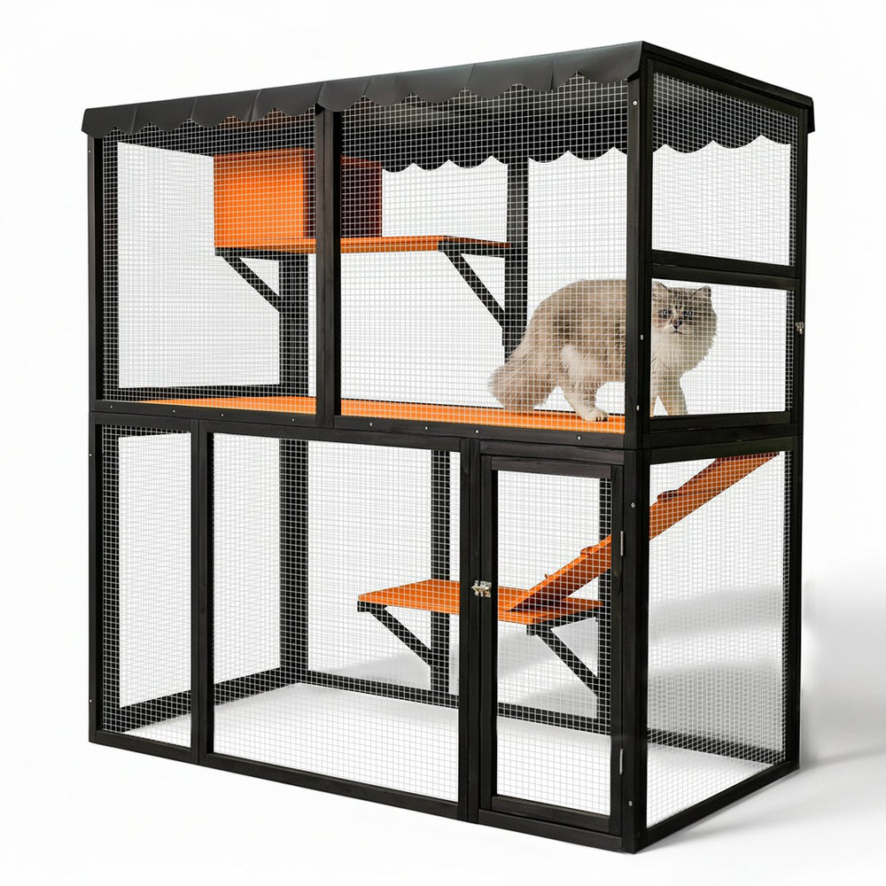 English Elm Wooden Walk-in Catio Enclosure for Multiple Cats with 4 Tier Levels and Waterproof Roof W3166P442040
