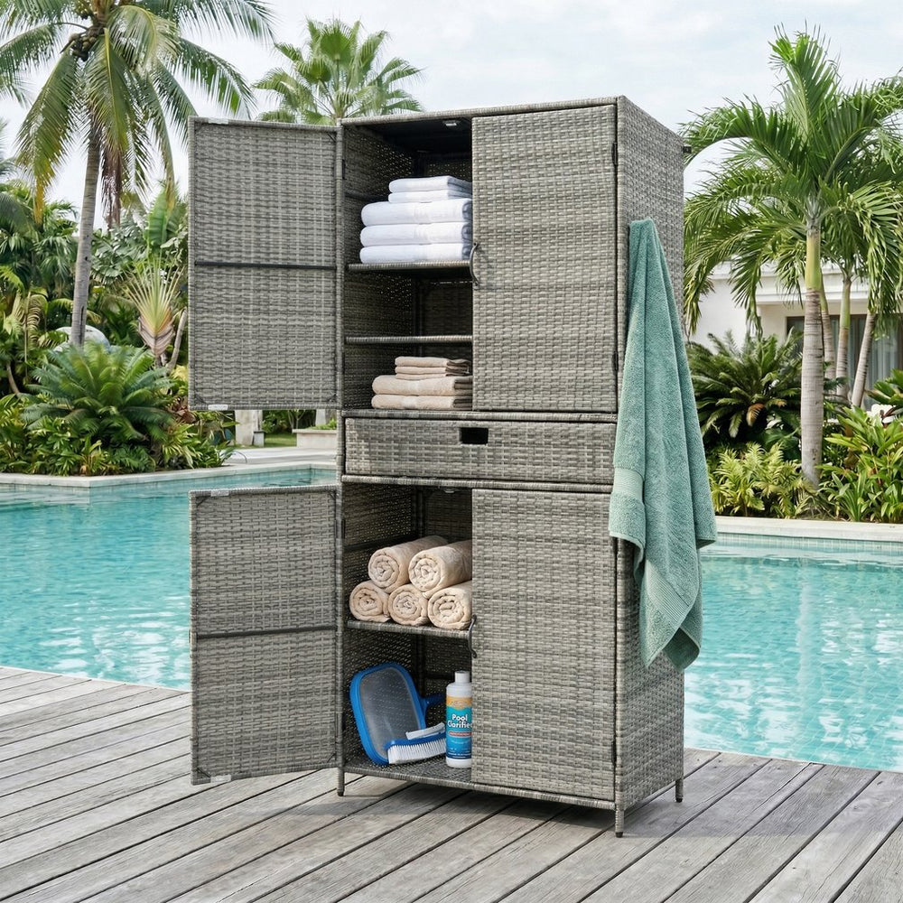 English Elm K&k Tall Arched Pe Rattan Outdoor Storage Cabinet with Adjustable Shelves and Steel Frame Grey N707P420102G