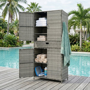 English Elm K&k Tall Arched Pe Rattan Outdoor Storage Cabinet with Adjustable Shelves and Steel Frame Grey N707P420102G