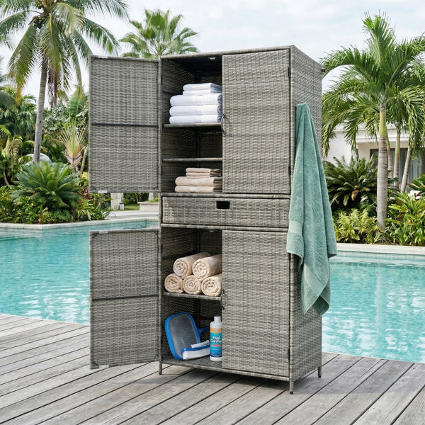 English Elm K&k Tall Arched Pe Rattan Outdoor Storage Cabinet with Adjustable Shelves and Steel Frame Grey N707P420102G