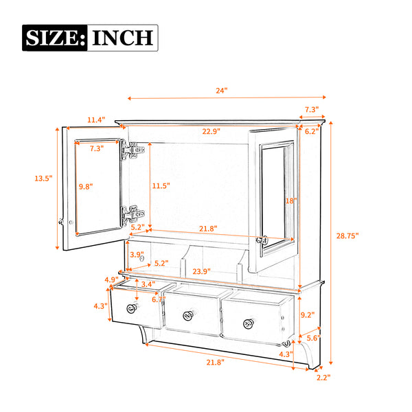 English Elm 4-in-1 Wall Mounted Bathroom Cabinet with Mirror Drawers and Towel Hooks Vanity White N710P405416K