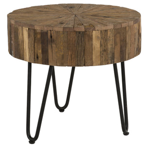English Elm Handcrafted Rustic Wood Round End Table with Reclaimed Pie‑Slice Top and Black Hairpin Legs, 22" B2741P285769
