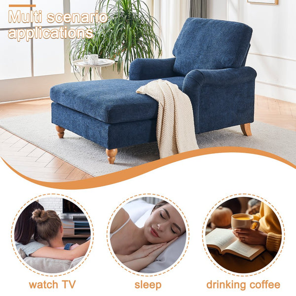 English Elm Modern Mid-Century Oversized Chaise Lounger Sofa Bed with Solid Wood Legs, Deep Seat Comfort Sleeper Blue W2363S00067