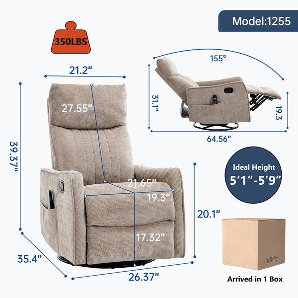 English Elm Beige Fabric Swivel Rocker Recliner with Massage Nodes and Lumbar Heat for Living Room Khaki W1803P363422