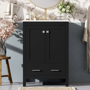 English Elm 24-inch Modern Bathroom Vanity with Ceramic Sink, Soft-Close Doors, Drawer Divider & Ample Storage Black N729P299440B