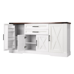 English Elm 63" Fluted Mdf Sideboard with Wood Tone Top Four Doors Three Drawers Dining Storage White W2917S00013