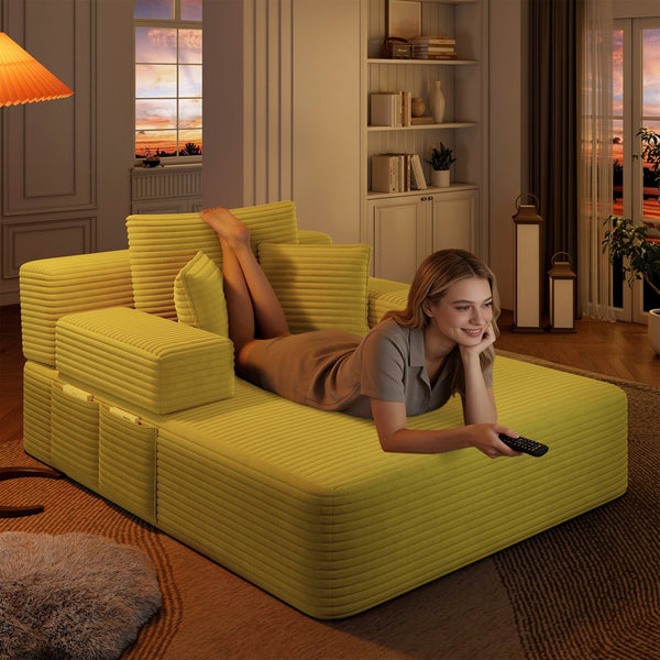 English Elm Luxurious Corduroy Frameless Chaise Sofa Bed with Spring Cushion and Storage Pocket Yellow W3219P496262
