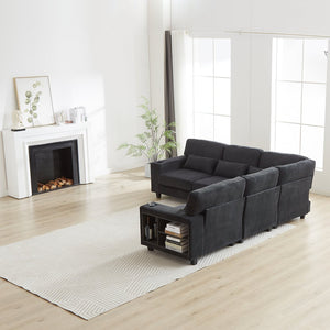English Elm 102.75*102.75" L-Shaped Modular Sectional Sofa with Corduroy Upholstery, Storage Arm, Cup Holder, 5-Seat Convertible Lounge Black W1926S00052
