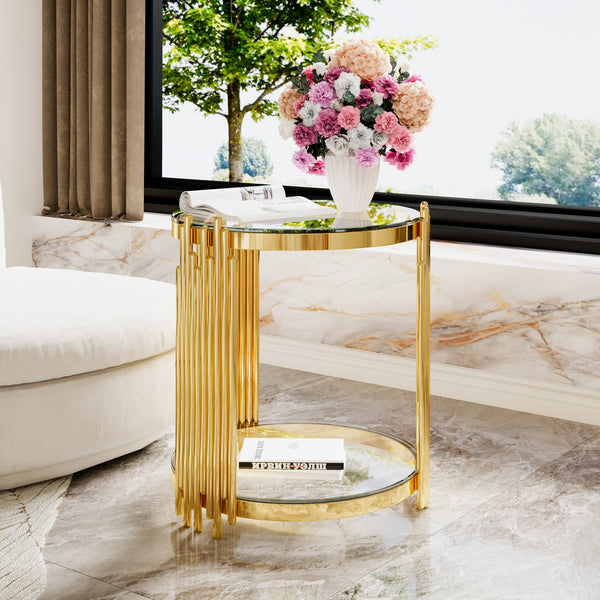 English Elm Modern Round Mirrored Glass End Table with Gold Metal Frame and Lower Display Shelf Transparent N735P380092K