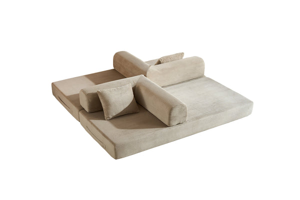 English Elm Convertible Sleeper Sofa Bed with Corduroy Upholstery, 4‑in‑1 Folding Couch Mattress, Space‑Saving Lounge Beige W3434P346244