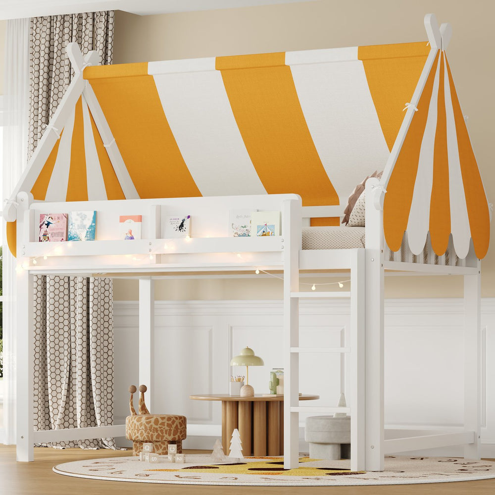English Elm Full Size Solid Wood Loft Bed with Canopy Led Lighting and Integrated Bookshelf White N7090002242K