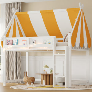 English Elm Full Size Solid Wood Loft Bed with Canopy Led Lighting and Integrated Bookshelf White N7090002242K