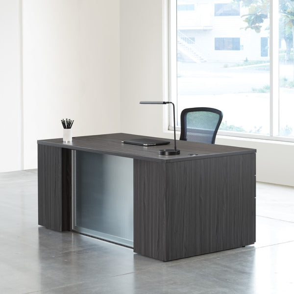 OSP Home Furnishings Napa Executive Home Office Desk with Tempered Glass Top and Dual Storage Pedestals Slate Grey NAPSGW-TYP202G