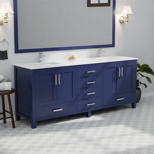 English Elm Navy Blue Double Bath Vanity With White Quartz Top – Stylish 80" W Design For Ultimate Storage & Elegance B2731P258960