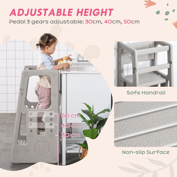 English Elm Qaba Toddler Tower Adjustable Height Kitchen & Bath Step Stool with Handrails, Anti-Slip Pads, Gray W2225P217327