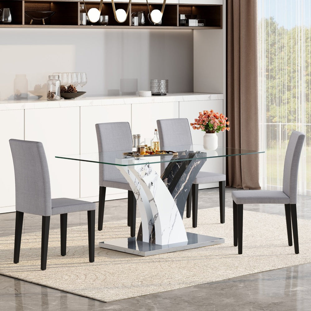English Elm Table And Chair Set – Modern Tempered Glass Dining Table With 4 Comfortable Light Gray Upholstered Chairs W1151S03806-GIGA