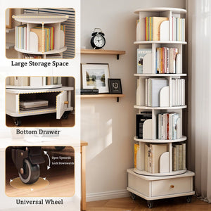 English Elm 6 Tier Rotating Bookshelf 360° Spinning Tower with Lockable Wheels, Drawer & Stable Base for Home Office White W3204P309485