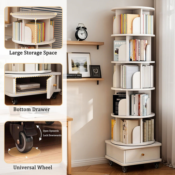 English Elm 6 Tier Rotating Bookshelf 360° Spinning Tower with Lockable Wheels, Drawer & Stable Base for Home Office White W3204P309485