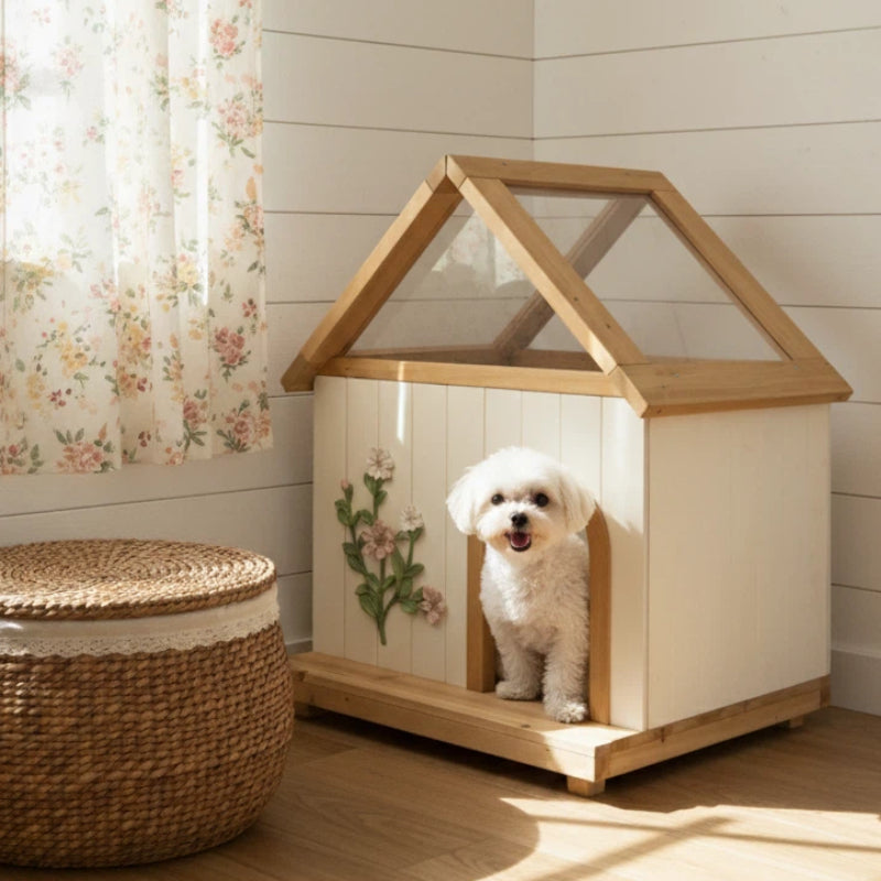 English Elm Daisy Cedar Pet House Acrylic Roof Floral Carved Indoor Outdoor Wooden Cat Shelter W3799P382526