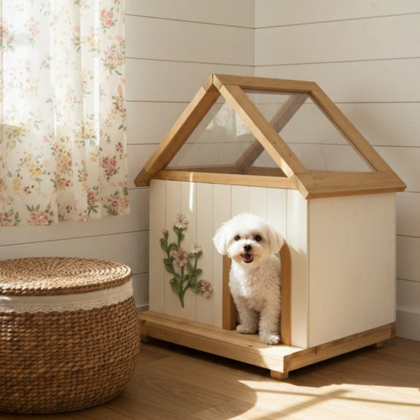 English Elm Daisy Cedar Pet House Acrylic Roof Floral Carved Indoor Outdoor Wooden Cat Shelter W3799P382526