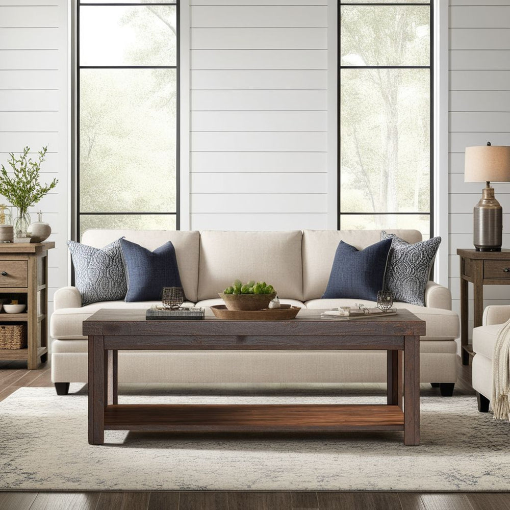 English Elm 48 Inch Coffee Table Whiskey Finish Knotty Alder Solid Veneer Rustic Modern Cocktail Table w/ Wheels B108P160191