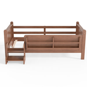 English Elm Twin Pine Floor Bed for Kids with Side Bookcases Built-in Stairs and Safety Guardrails Natural W1580P390215