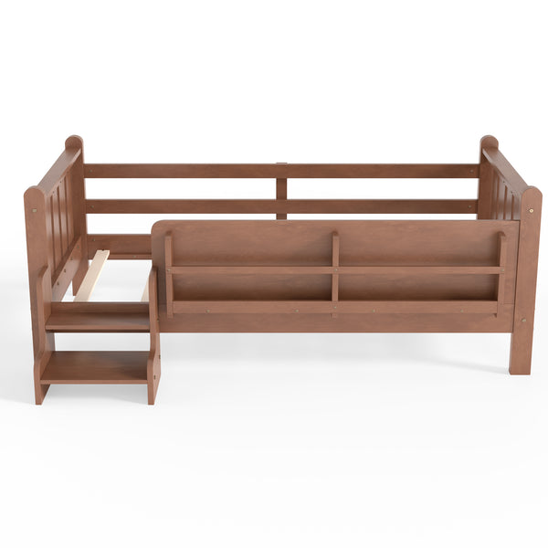 English Elm Twin Pine Floor Bed for Kids with Side Bookcases Built-in Stairs and Safety Guardrails Natural W1580P390215
