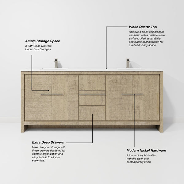 English Elm Rustic Acacia Double Bath Vanity Set With White Quartz Top, Gun Metal Faucet & Large 70" Mirror B2731S01693-GIGA