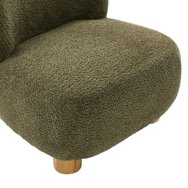English Elm Boucle Rounded Accent Chair with Rubberwood Legs for Modern Minimalist Living Rooms Natural Wood,Olive Green N776P423410G