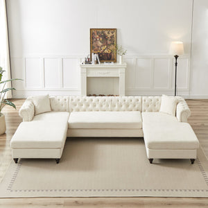 English Elm 135.5-inch Modern Chenille U-Shaped Sectional Sofa with Dual Chaise, Pull-Point Detail, Pillows, Wooden Legs Beige W1926S00045