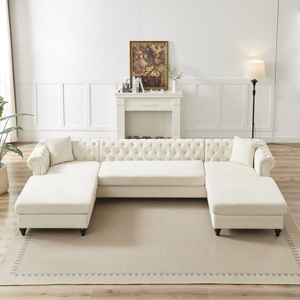 English Elm 135.5-inch Modern Chenille U-Shaped Sectional Sofa with Dual Chaise, Pull-Point Detail, Pillows, Wooden Legs Beige W1926S00045
