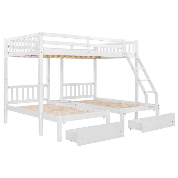 English Elm Full Over Twin Triple Bunk Bed Pine Wood Frame with Storage Drawers and Guardrails LT000343AAK-1