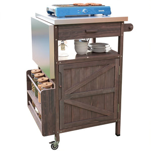 English Elm K&K 40.5" Outdoor Grill Cart with 201 Stainless Top, Solid Fir Storage, Drop Leaf & Lockable Wheels Brown N707P228272Z