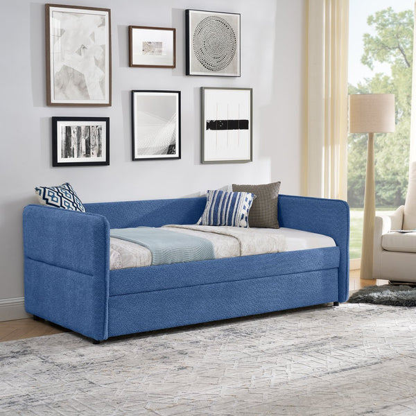 English Elm Daybed Boucle Upholstered Tufted Twin Trundle Sofa for Guest Bedroom Studio Lounge Blue W1413S00173
