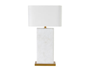 Sunpan Rovira Table Lamp - Hand-Carved Alabaster Elegance with Brushed Gold Base & Soft Linen Shade Glow
