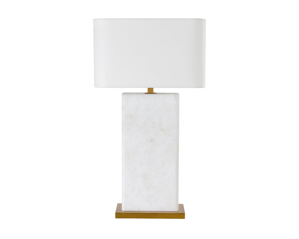 Sunpan Rovira Table Lamp - Hand-Carved Alabaster Elegance with Brushed Gold Base & Soft Linen Shade Glow