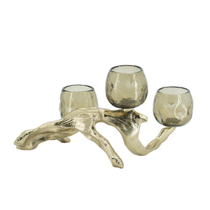 English Elm 15.7x9.1x7.9" Gold Aluminum Branch Votive Holder with Three Glass Cups for Glam Decor W2078P490404