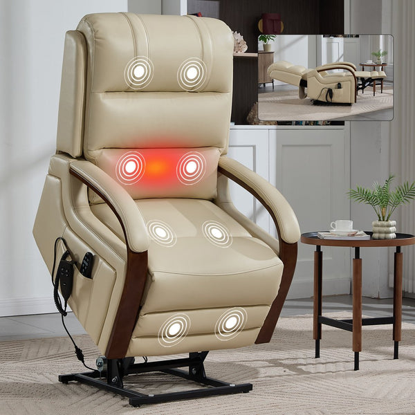 English Elm Power Lift Recliner with Leatheraire Upholstery Dual Motor Heat Massage Wood Armrests W1803S00082