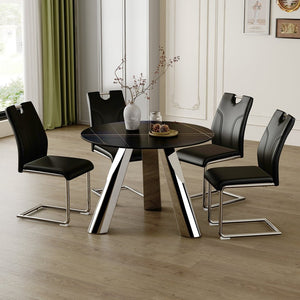 English Elm Table 5-Piece Dining Set: Contemporary Round Sintered Stone Top With 4 Stylish Black Chairs & Legs W2920S00017-GIGA
