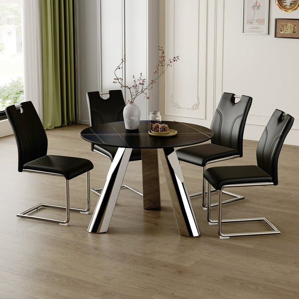 English Elm Table 5-Piece Dining Set: Contemporary Round Sintered Stone Top With 4 Stylish Black Chairs & Legs W2920S00017-GIGA
