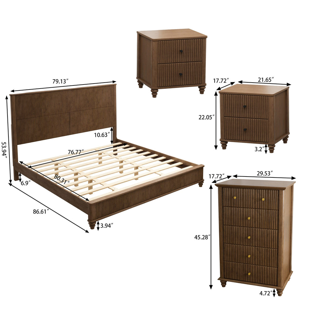 English Elm 4-piece King Bedroom Set Wavy Fluted Panel Solid Wood Dresser Nightstands Beige W1716S00028