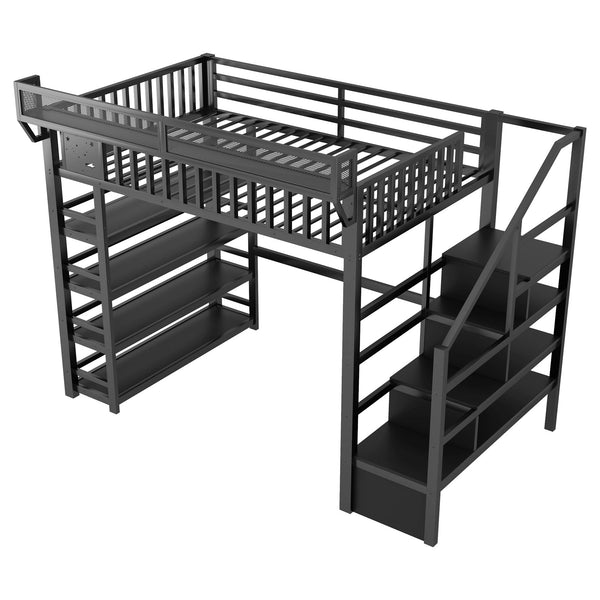 English Elm Full Metal Loft Bed with Stair Storage Rgb Lighting and Charging Station for Teens Black W2580S00074