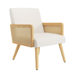 English Elm Accent Chair Mid-Century Rattan Arms Set of 2 with Rubber Wood Legs, Plush Fabric Seat, Cozy Lounge Beige T3950P394498