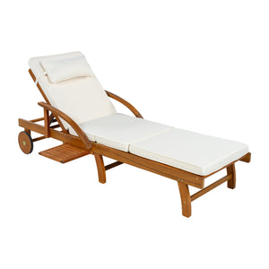 English Elm U_style Acacia Wood Outdoor Chaise Lounger with Reclining Backrest Cushions and Side Tray Beige N711P415859A