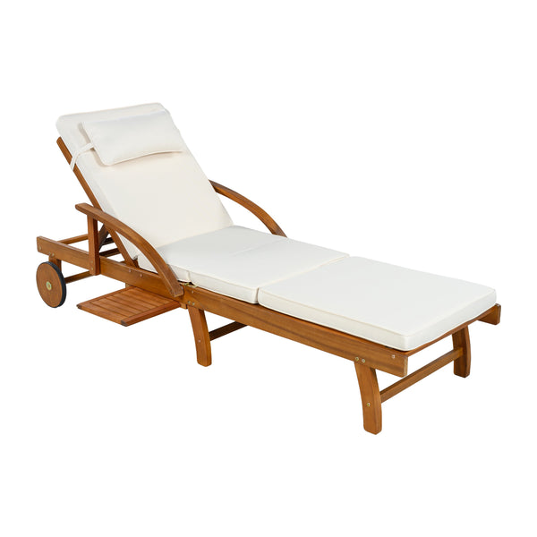 English Elm U_style Acacia Wood Outdoor Chaise Lounger with Reclining Backrest Cushions and Side Tray Beige N711P415859A
