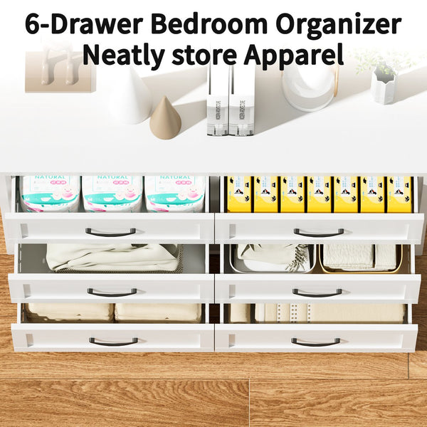 English Elm 6 Drawer White Steel Dresser Low Profile Powder Coated Frame for Bedroom or Hallway T2398P465981