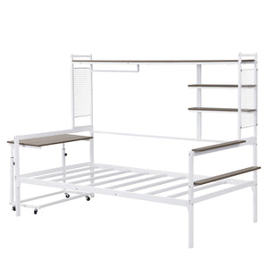 English Elm Twin Metal Daybed With Movable Desk, Shelves & Clothes Hanger - Ideal For Small Spaces & Dorms! N737P199195K-GIGA